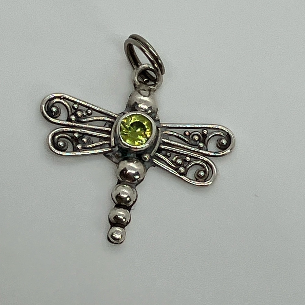 Vtg 925 Sterling Silver & Green CZ Stone Dragonfly Insect Charm / Pendant